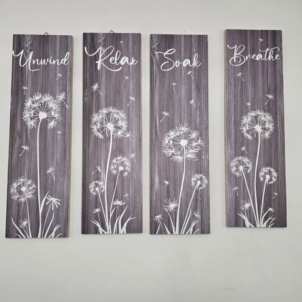 Wall Art Set 4 Dandelion Wood Plaque Relax Soak Breathe Gray Farmhouse